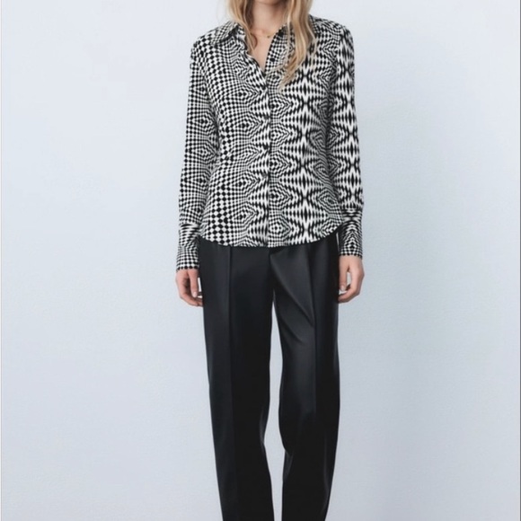 NWT Zara Black & Off-White Whimsical Geometric Y2K Inspired Collared Button-Down - Picture 7 of 15